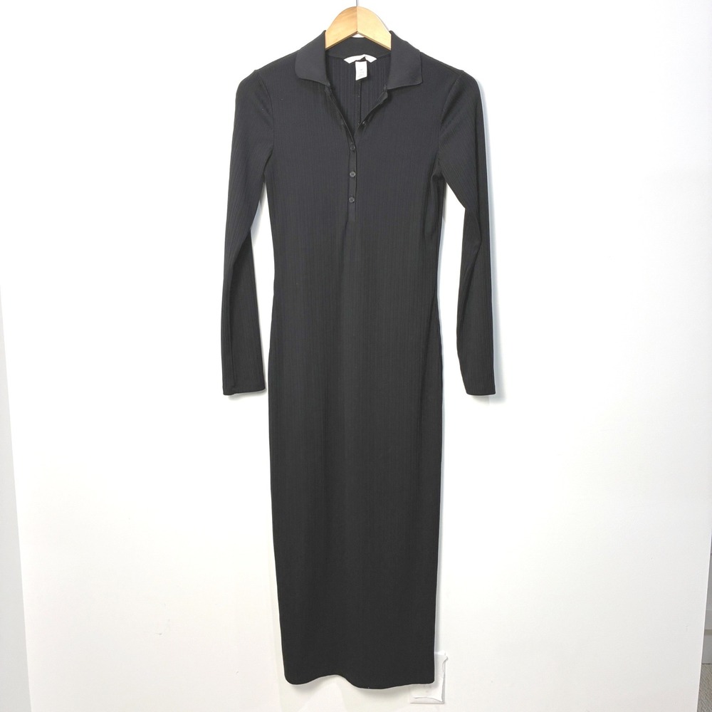 H&M Ribbed Polo Collar Sleek Maxi Dress Black Minimalist 90s Chic Small